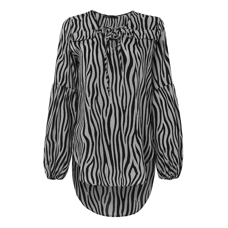 Gray Zebra S-5XL, Женские топы и блузки,, повседневные, на шнуровке, v-образный вырез, сексуальная туника, рубашки с длинным рукавом, с принтом зебры, для работы, Blusas Femininas - Цвет: Gray Zebra
