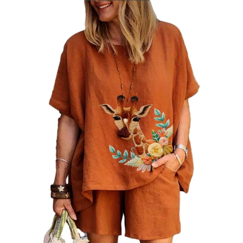 

2021 spring independent new ladies printedcotton and linen shortsleeved loose pullover bottoming shirt plus size Tshirt hot sale