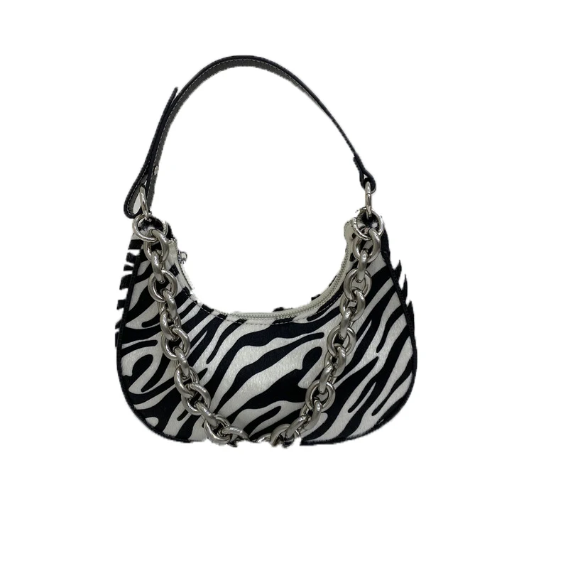 

Thick Chain Shoulder Bag Retro Underarm Bag Zebra Print Hose Hair Bag Designer Women Semi Circle Clutch Handbag