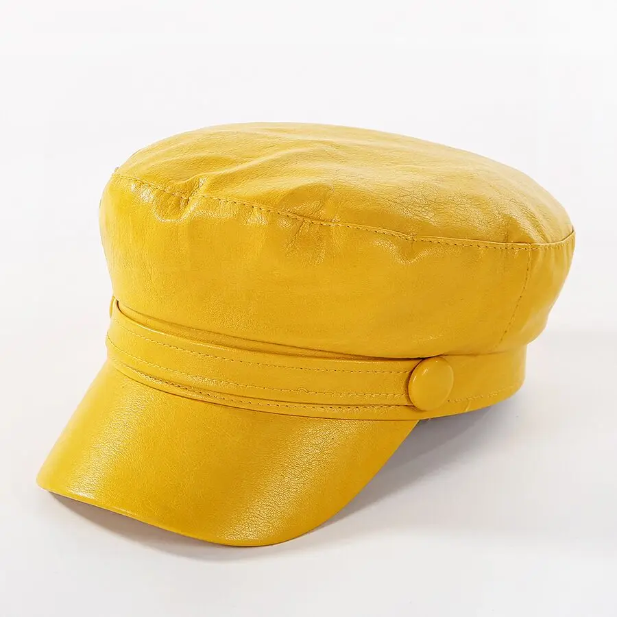 Women Fashion Leather Military Hats Winter Vintage Black Leather Snapback Caps Female Newsboy Hat Casequette Beret Caps