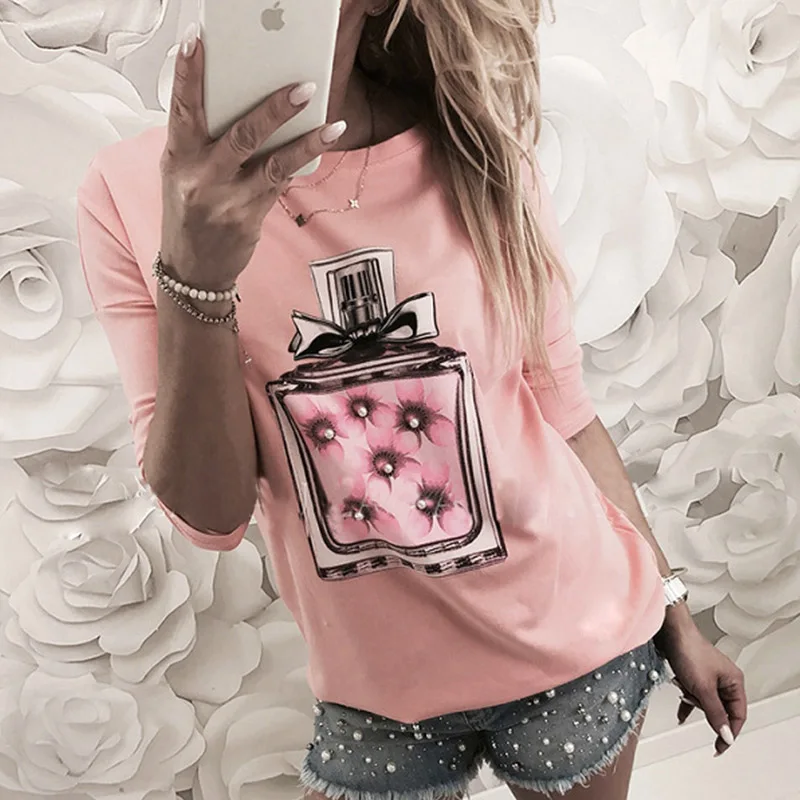 2019 Summer Perfume Printed Round Neck Short Sleeve Tees Women Casual T-Shirt Tops and Shirt | Женская одежда
