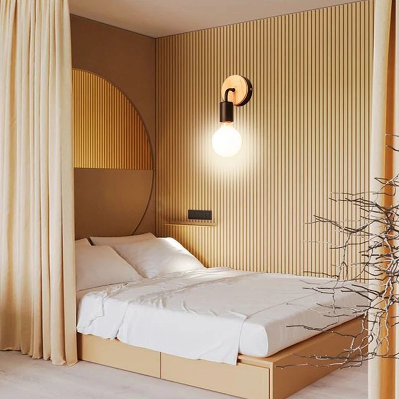 

2022 New Wood Iron Wall Lamp Modern Minimalist Wall Lights Fixture E27 For Home Indoor