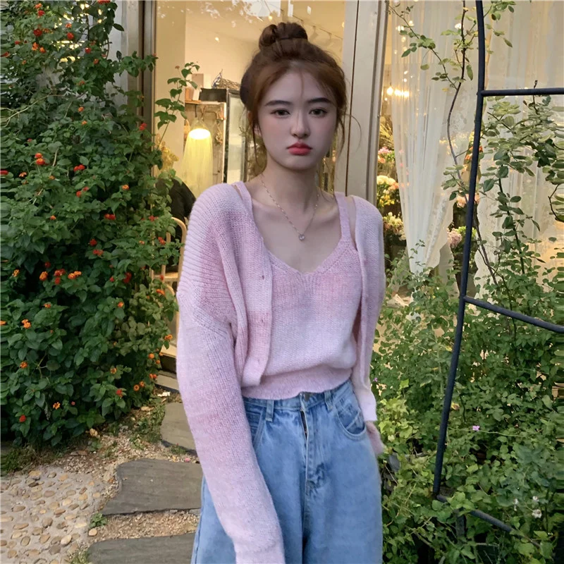 Розовый свитер пальто стильный костюм вязаный жилет на бретелях комплект из двух