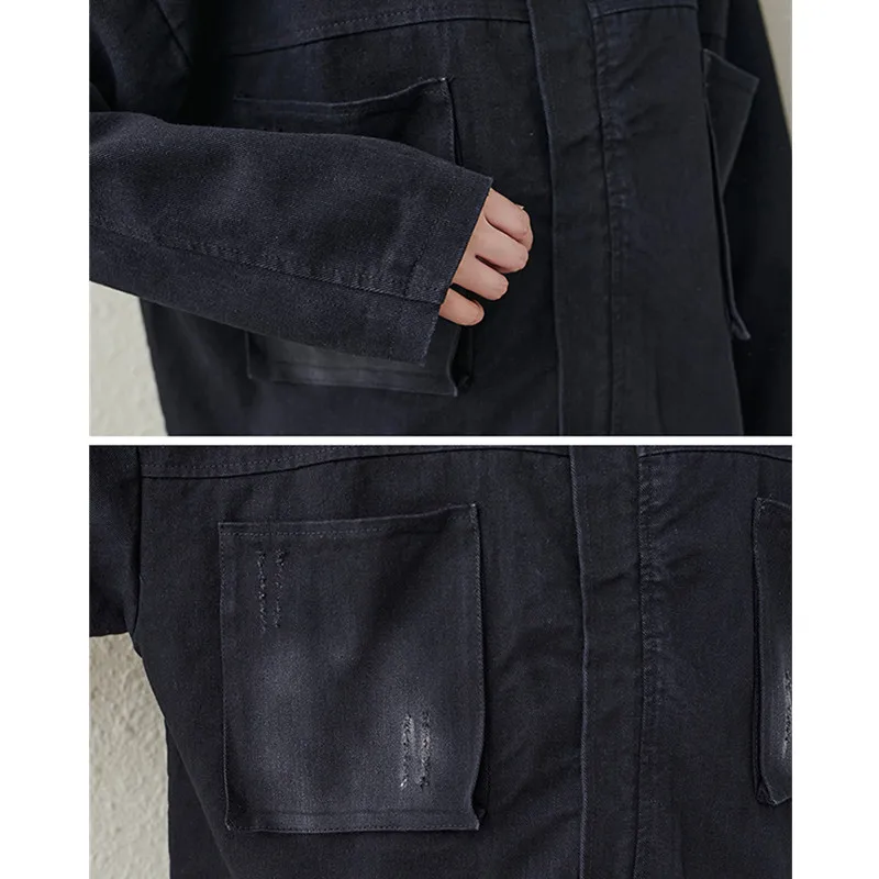 

Stylish Double Pocket Wash Loose Denim Jacket Coat Women Spring Autumn Vintage Long Sleeve Frayed Trim Black Outerwear Female
