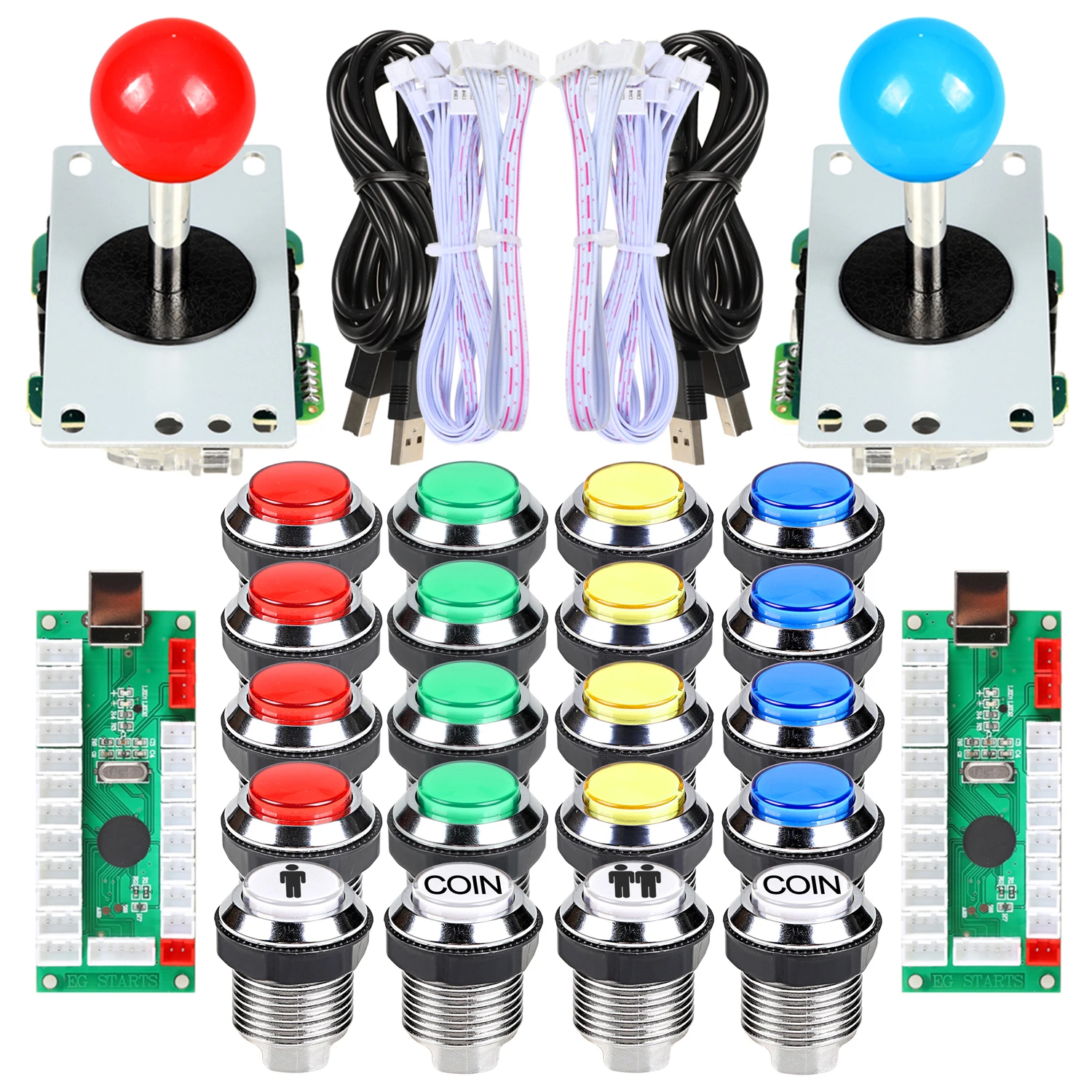 

2 Player Arcade Contest DIY Kits USB Encoder To PC Joystick + LED Chrome Buttons For Arcade Mame Raspberry Pi 2 3 3B Games