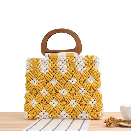 Factory Wholesale 2021 New India Style Female Fashion Spring Wooden Handle Handbag Geometric Pattern Knitting Tote Bag