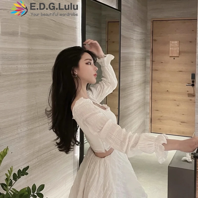 

EDGLuLu Square Neck Long Sleeve High Waist Hollow Out Ruched A-line Dress Lace Patchwork Elegant Black White Mini Dress 0329