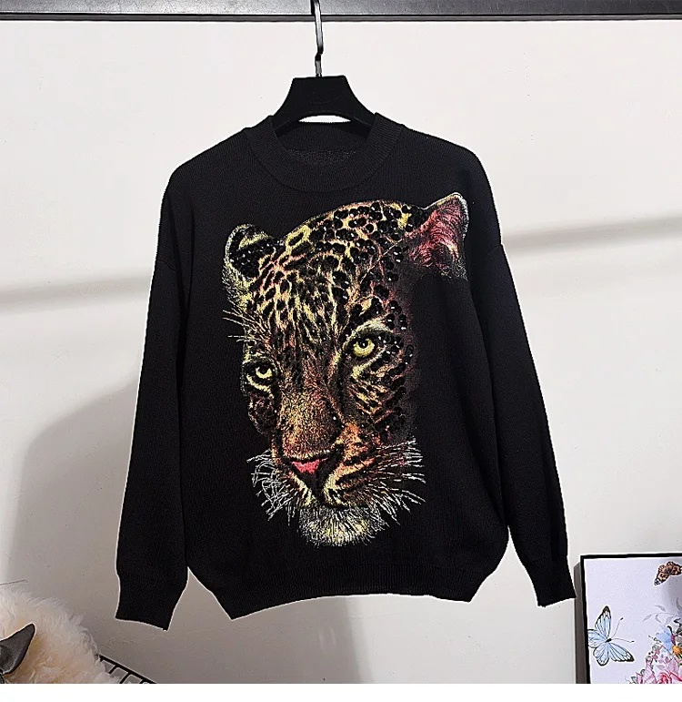 Вязаный комплект с бисером и принтом тигра, женский свободный пуловер с длинными рукавами, свитер+ длинные штаны, комплект из 2 предметов, Женский Повседневный вязаный спортивный костюм