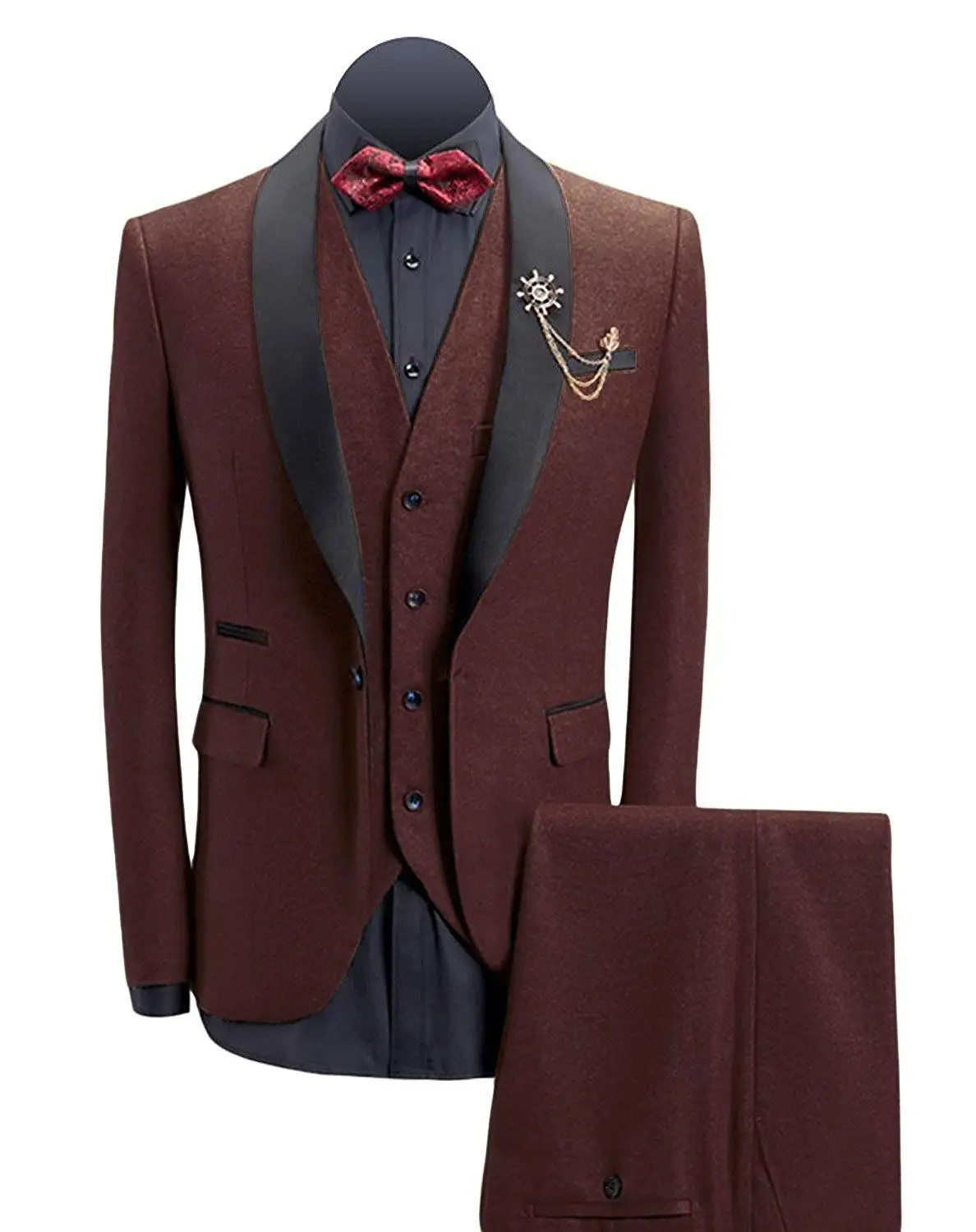 Mens Suit 3 Piece Slim Fit Shawl Lapel V Neck Elegant Wedding Tuxedo Groomsmen Burgundy/Beige Suits Men 2019 (Blazer+Vest+Pants)