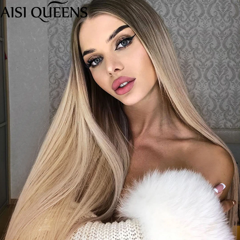 

AISI QUEENS Ombre блондинка длинные прямые парики синтетические парики для женщин черный коричневый красные парики для косплея средняя часть есте...
