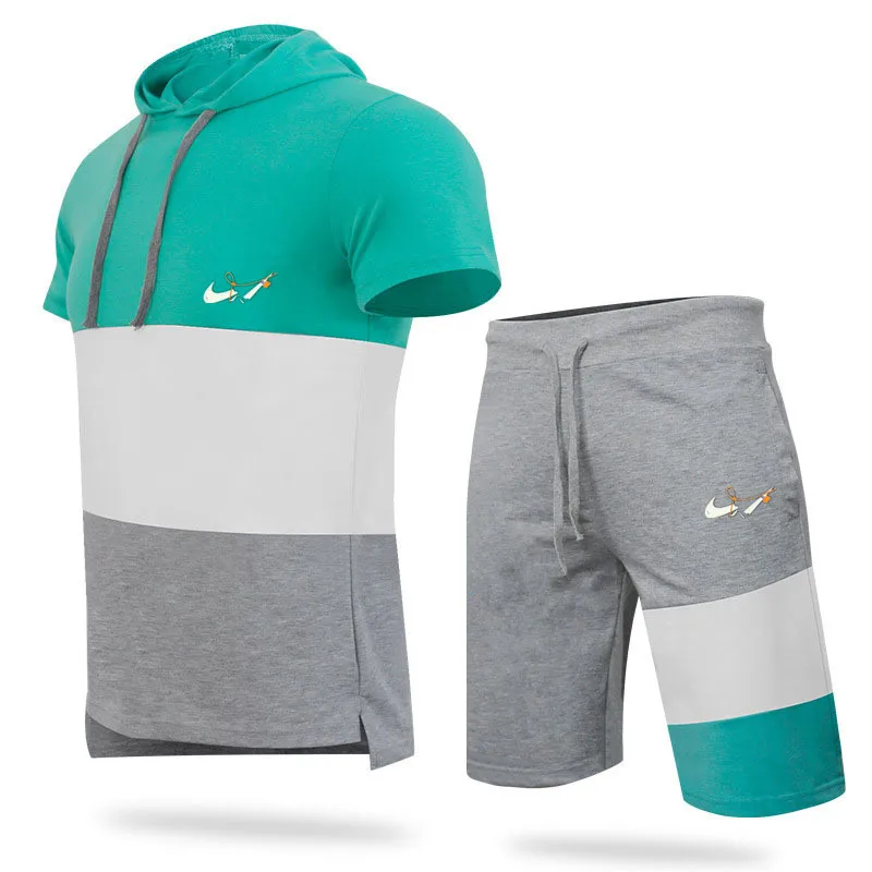 

2021 The new Summer Men Set Fitness Suit Sporting Suits Hooded Short Sleeve T Shirt + Shorts Quick Drying 2 Piece Joining Set