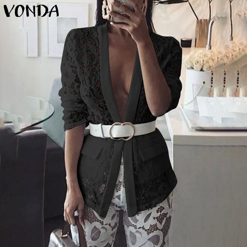 

Женская короткая куртка VONDA 2021, повседневная кружевная ажурная верхняя одежда, пикантные женские куртки с V-образным вырезом и длинным рукав...