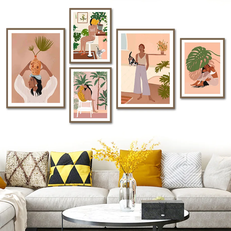 

Bohemian Girl Monstera Green Plants Study Wall Art Canvas Painting Nordic Posters And Prints Wall Pictures For Living Room Decor