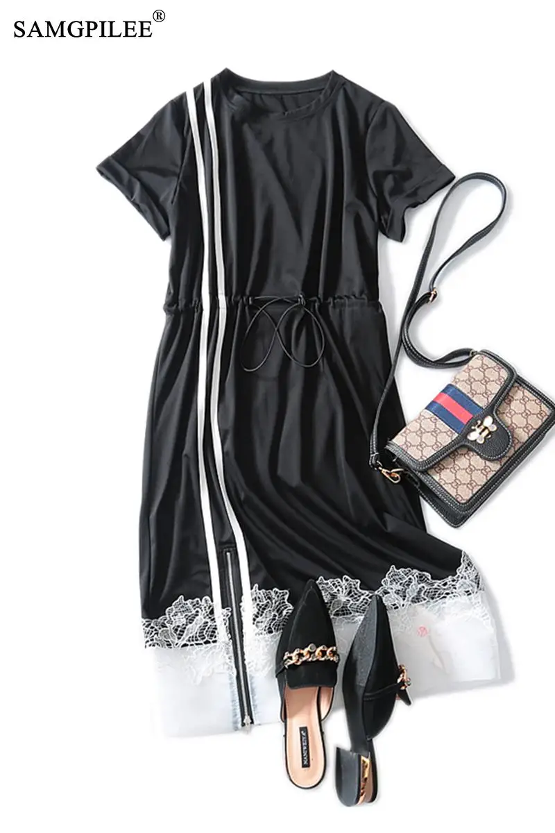 

Summer Clothes For Women 2020 Casual Dress A-line Patchwork Elegant Dress Short Sleeve Sashes Empire O-neck Women Summer Dresses