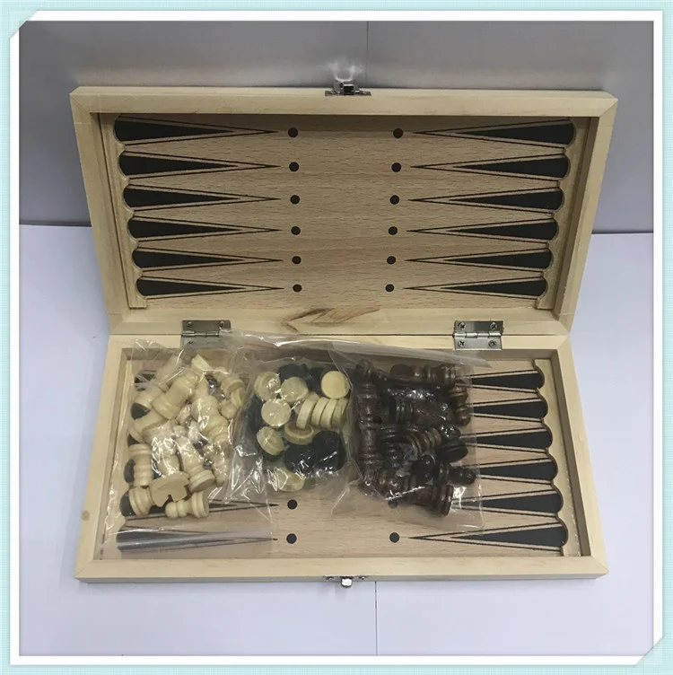 

Wooden Folding Portable Travel Game Chess International Checkers Backgammon 3 in 1 Set Outdoor Intertainment Gift