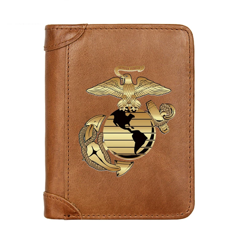 U.S. Marine Corps Badge Genuine Leather Wallet Classic Men Business Pocket Slim Card Holder Male Short Purses Gifts
