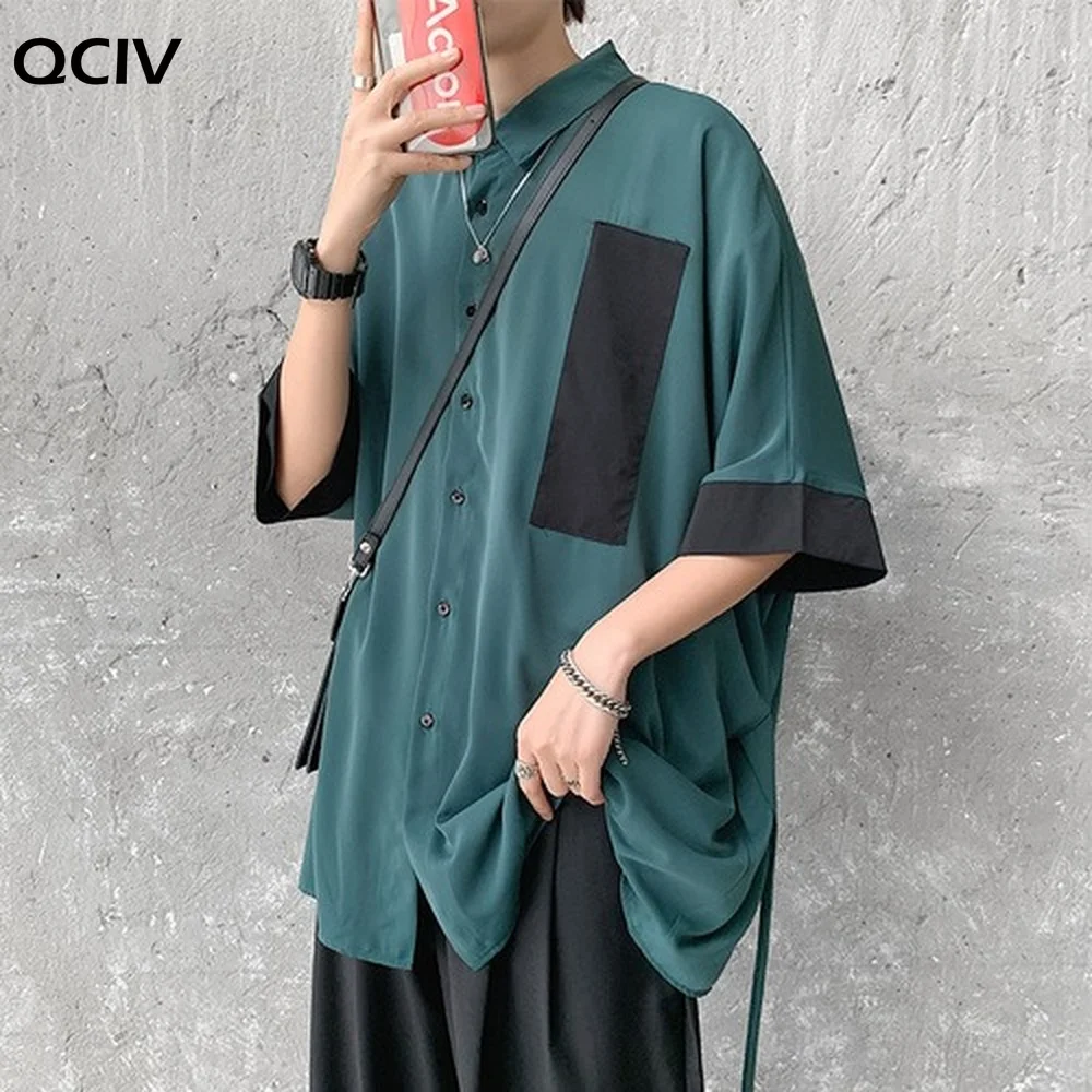 

Shirts Men Short-Sleeve Summer Patchwork Panelled Drawstring Vintage Oversize Mens-shirts Korean Street Wear Hip-hop Tees Chic