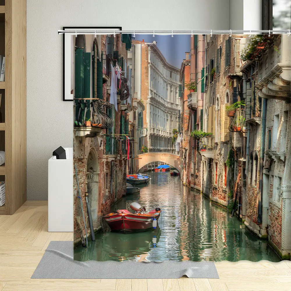 

Beautiful Small Town Water City Street The City Building Night View Color Gate Pattern Home Shower Curtain Washable Polyester