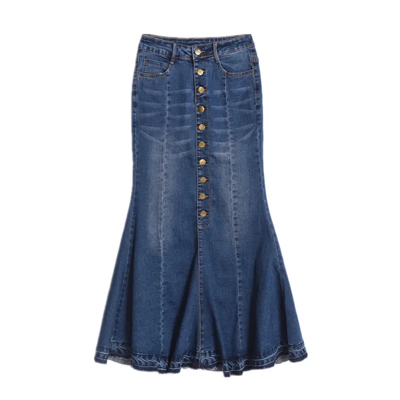 

New Fashion High Quality Dark Blue Elastic High Waist Button White Fishtail Skirt Casual Trumpet / Mermaid plus size 26-36 38 40
