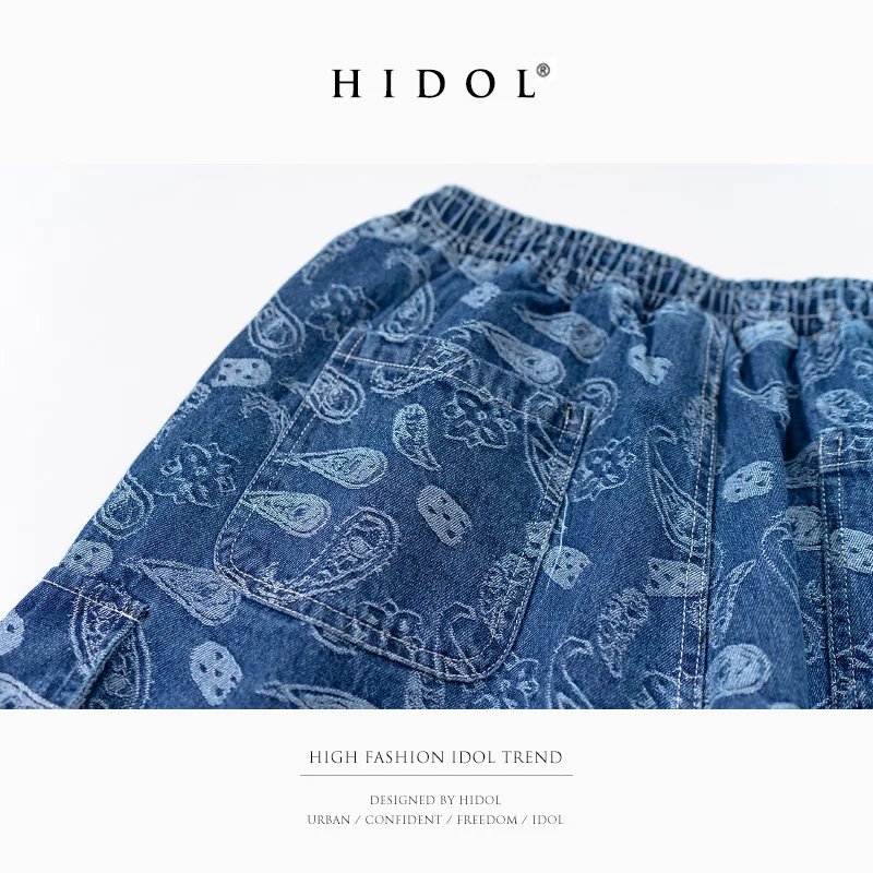 

HIDOL Shorts Denim Jeans Men Water Wash Blue Hip Hop Pants Paisley Printed Pockets HipHop Trousers Harem Elastic Brand Ins Flora