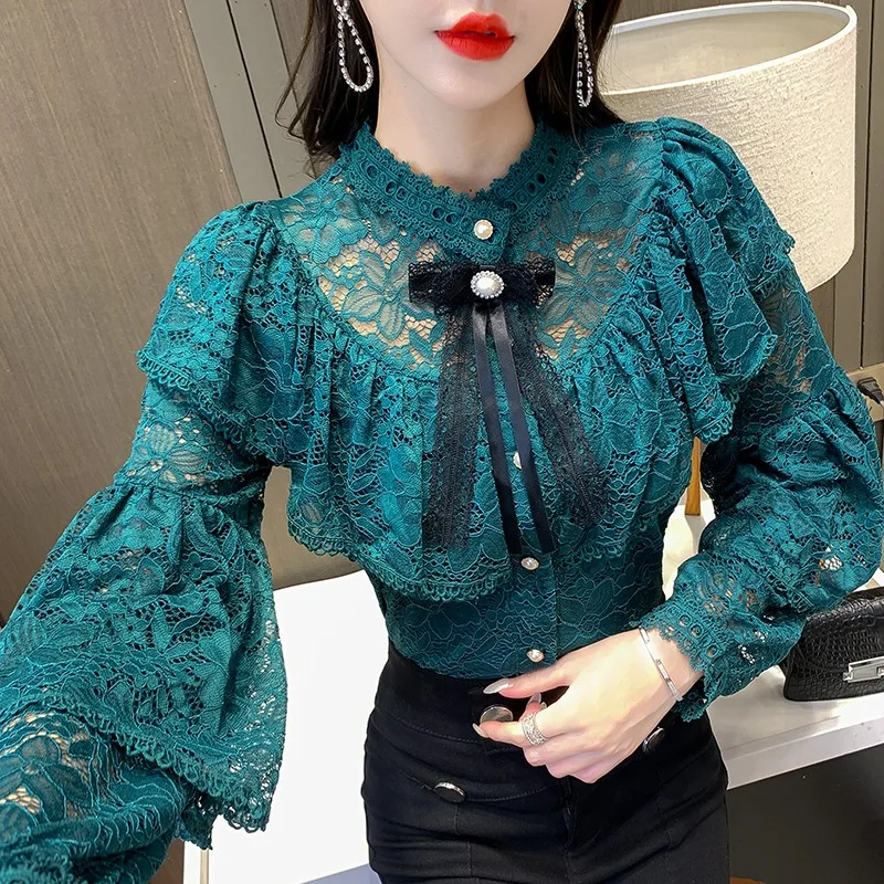 

Lace Sweet Bottoming Shirt Women's Autumn New Inner Wear Long Sleeve French Chiffon Shirt Design Blouse Small Shirt