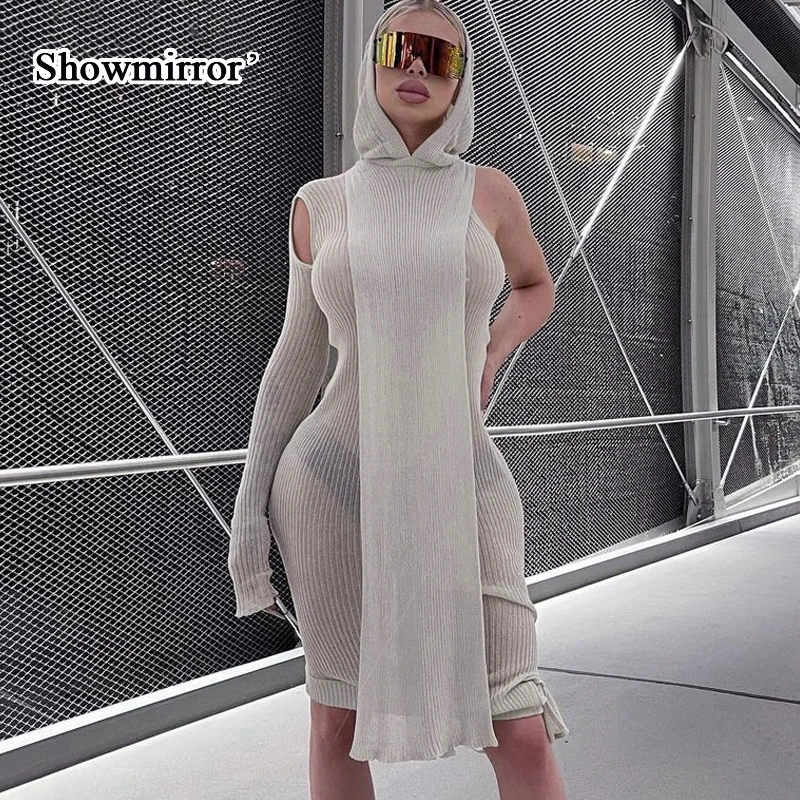 ShowmirrorSexy трикотажное платье миди прозрачные X-Long толстовки Топы осенняя одежда с