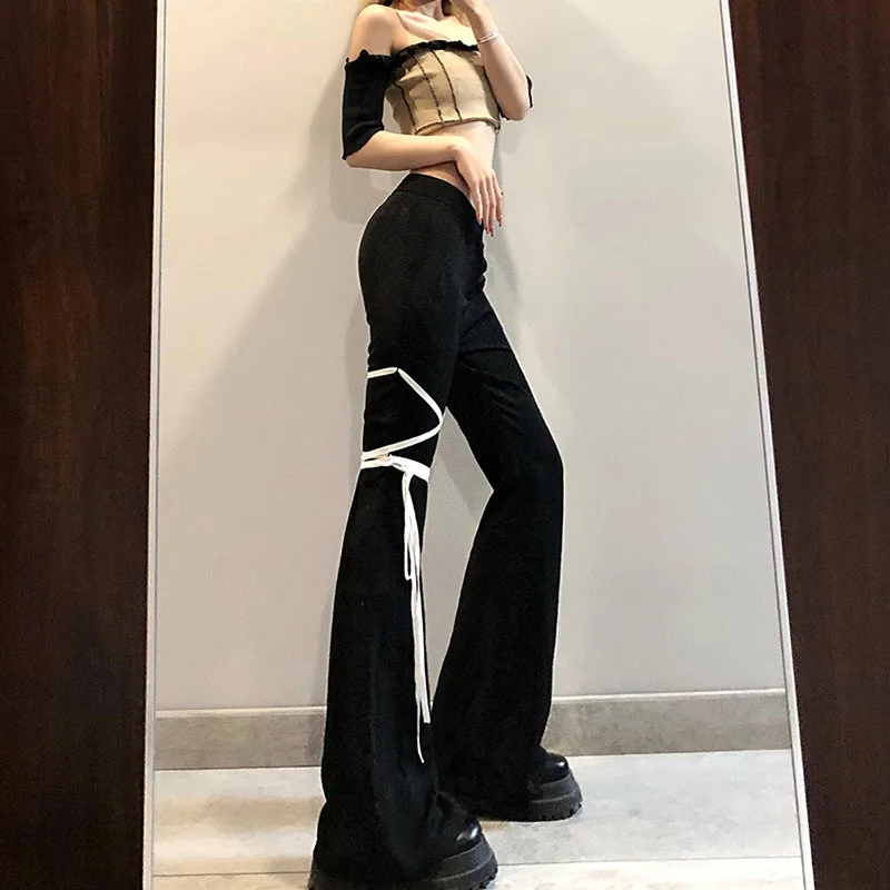 

Black Color High Waist Bag Hip Fashion Strap Casual 2021 Spring and Summer Newest Women's Flared Women Pants Women Clothing