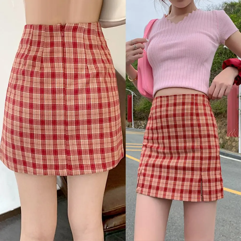 

Women Plaid Side Split A Line High Waist Mini Bodycon Skirt with Safety Shorts Plaid skirt skirt