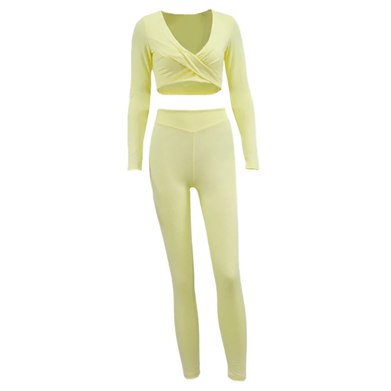 

Women Sport Outfits Long Sleeve Cross V-Neck Crop Top High Waist Ruched Leggings 0822