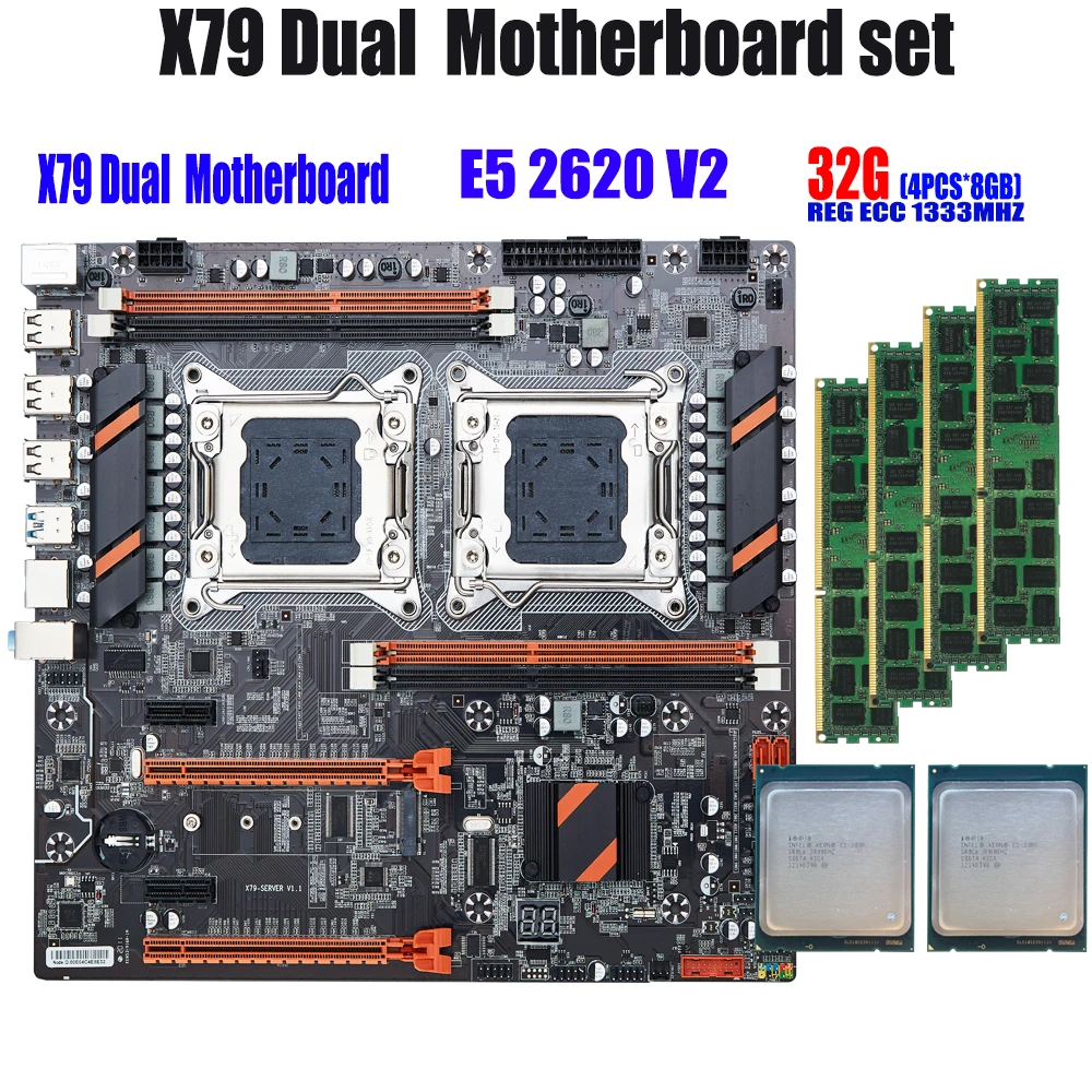QIYIDA X79 двойная материнская плата процессора с 2 × Xeon E5 2620 V2 4 8 ГБ = 32 Гб 1333 МГц PC3 10600