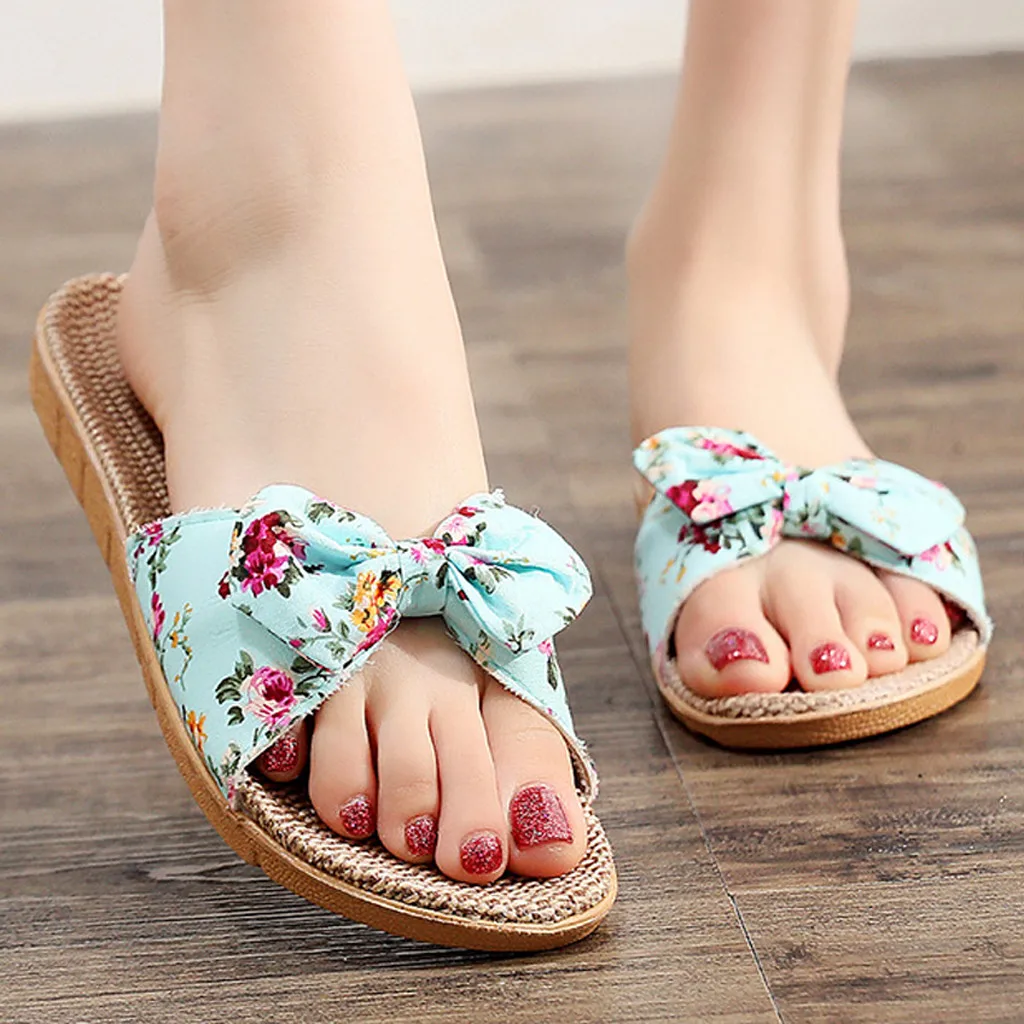 

Slippers Women Fashion Bohemia Bowknot Flax Linen Flip Flops Beach Shoes Sandals Casual Woman Non-slip girls Flats