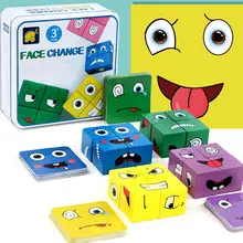 Cube Face Changing Building Blocks Board Game Cartoon Puzzle Montessori Toys Wooden Expressions Toy Educational Stacking Toys