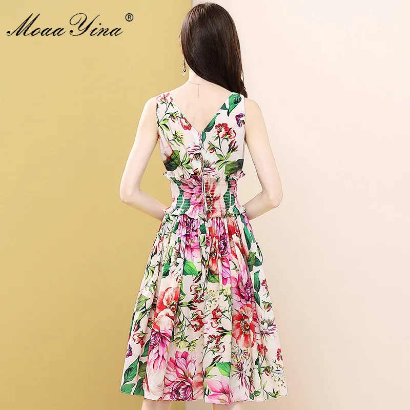 

MoaaYina Fashion Designer Female dress Summer Women's Cotton Dress V-neck Floral-Print Elastic waist Cotton Dresses
