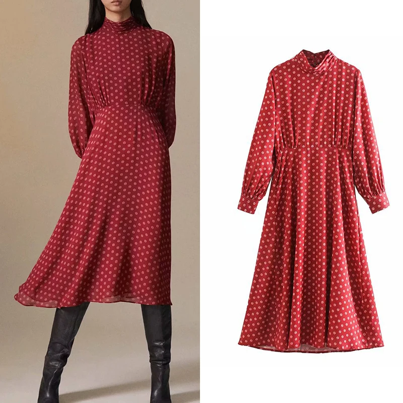 Женское платье с длинным рукавом za красное винтажное трапеция до середины икры