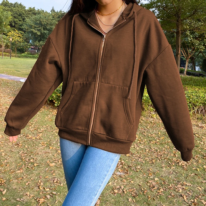 Brown Zip Up Sweatshirts Winter Jacket Korean Fashion Oversize Hoodies Women Plus Size Casual Pockets Long Sleeve Pullovers
