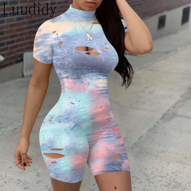 

Street Women Fashion Gradient Color Hole Short Sleeve Skinny Playsuit S-XXL