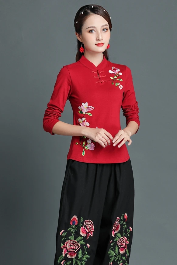 

Embroidery T-shirt Top Tee Shirts Vintage Woman Autumn Spring Chinese Style T Shirt Women Clothes Indie Folk Plus Size 6XL 2019