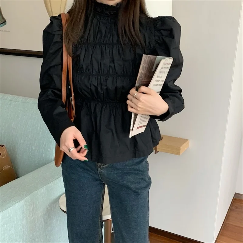 

2021 Spring Autumn All-Match Korea Chic Folds Blouse Women O-Neck Long Sleeve Slim Waist Shirt Ladies Solid Black Thin Tops