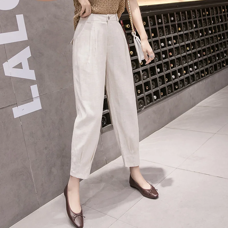 Женские льняные брюки REALEFT белые повседневные штаны-шаровары с высокой талией и