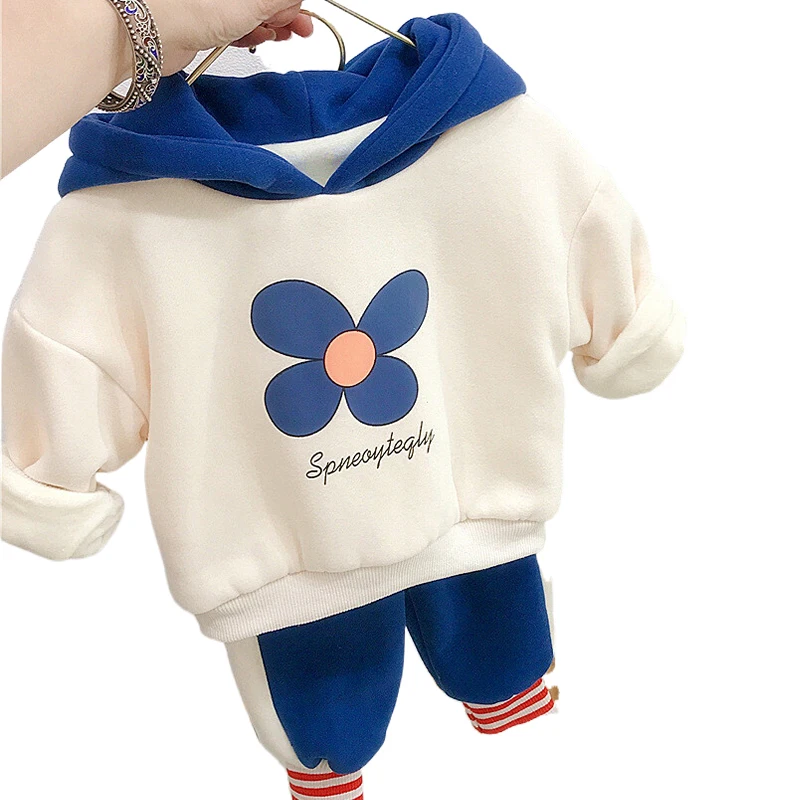 

Бархатные комплекты с капюшоном для девочек и мальчиков, осенне-зимний детский костюм, верхняя одежда, плотный свитер с брюками, спортивная ...