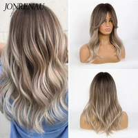jonrenau 16 inches synthetic platinum blonde hair long natural wave ombre brown mixed color party wigs for whiteblack women