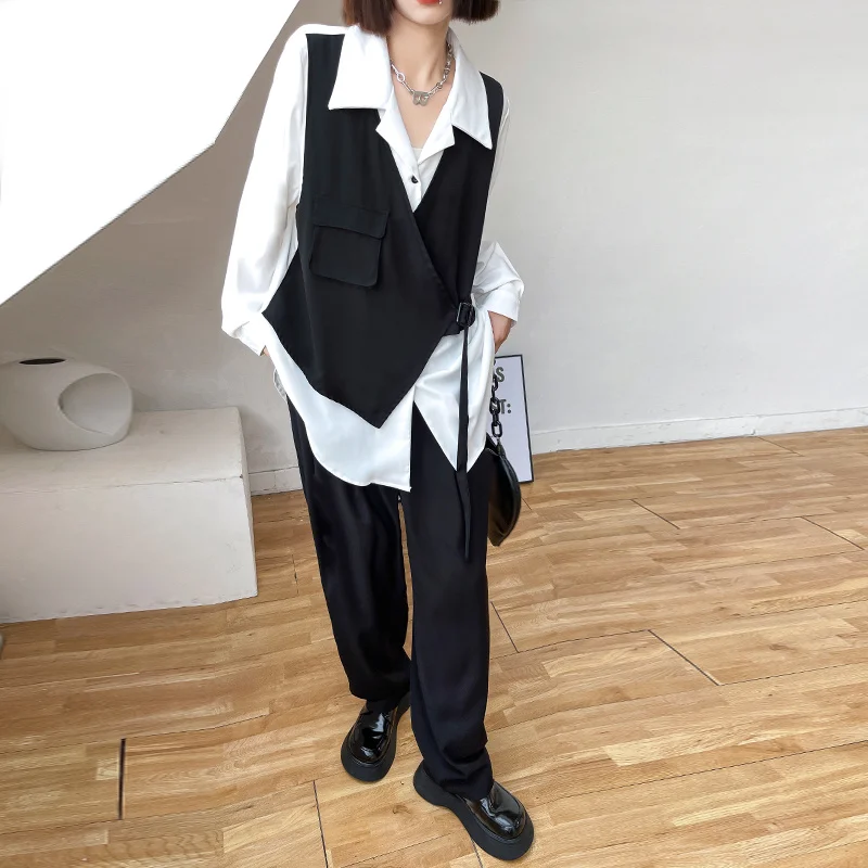 

XUXI Women 2-piece Set Loose, Thin, Irregular Waistcoat, Fashionable Wide-leg Casual Pants Suit Spring Autumn 2021 E3177