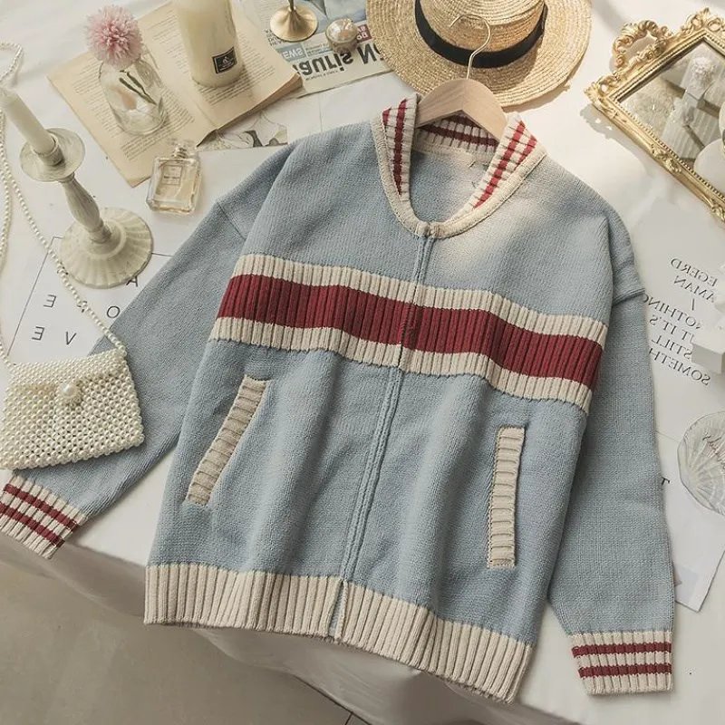 Сезон осень зима Для женщин японский свитер в цветную контрастную полоску Куртка