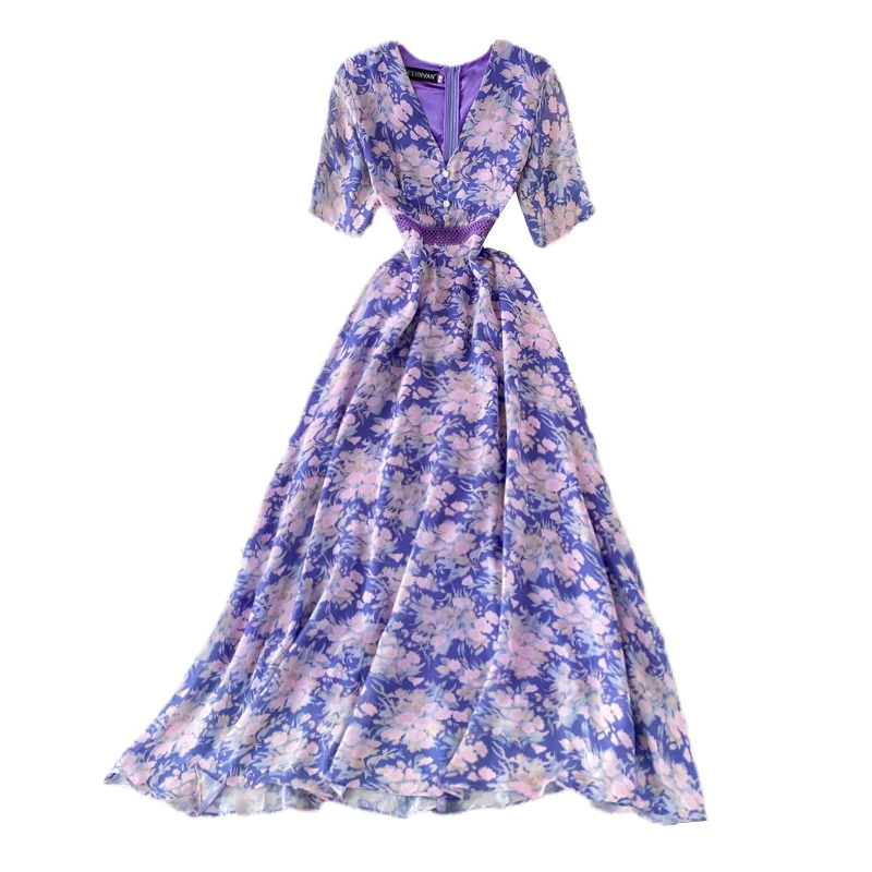 

Summer Fashion Elegant V-neck Floral Dress Women High Waist Fairy Dress Girl Big Swing Holiday Beach Long Dresses