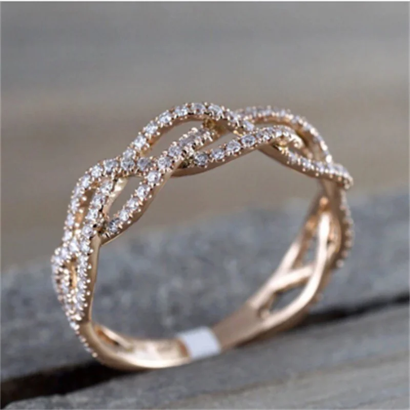 

New Rose Gold Zircon Twist Geometric Ring Fashion Lady Luxury Cutout Design Wedding Party Ring Gift Wholesale