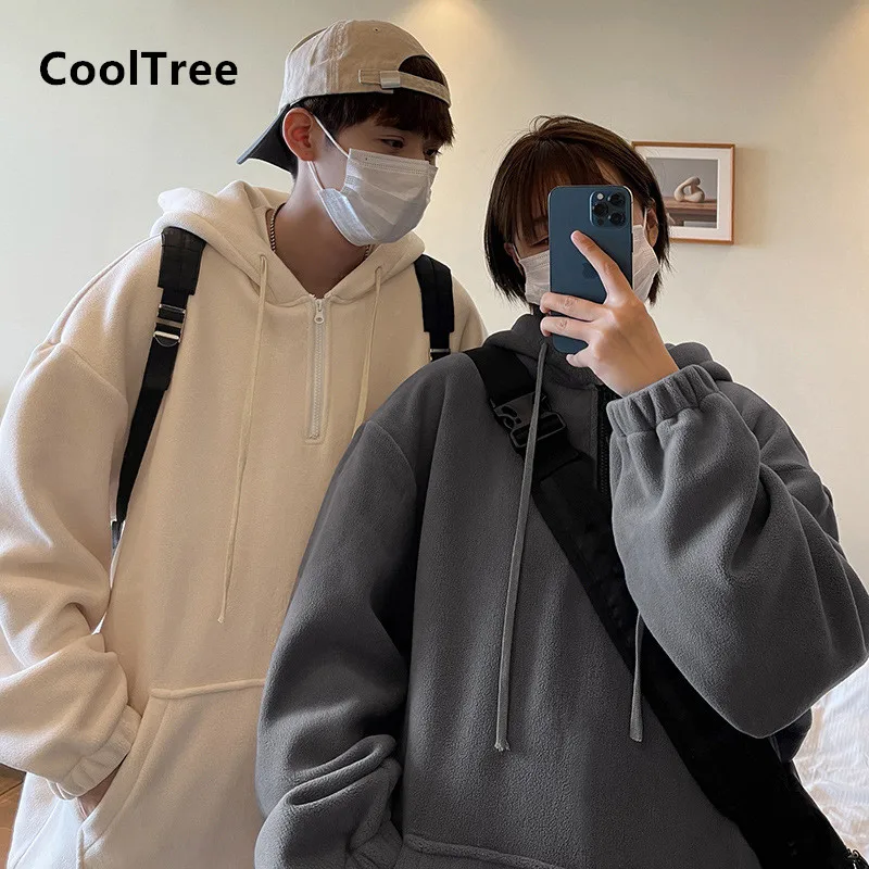 

CoolTree Hooded Hoodies Autumn Winter Men Women Plus velvet Thick Warm Casual sweatshirt Couples Solid color Pullover Streetwear