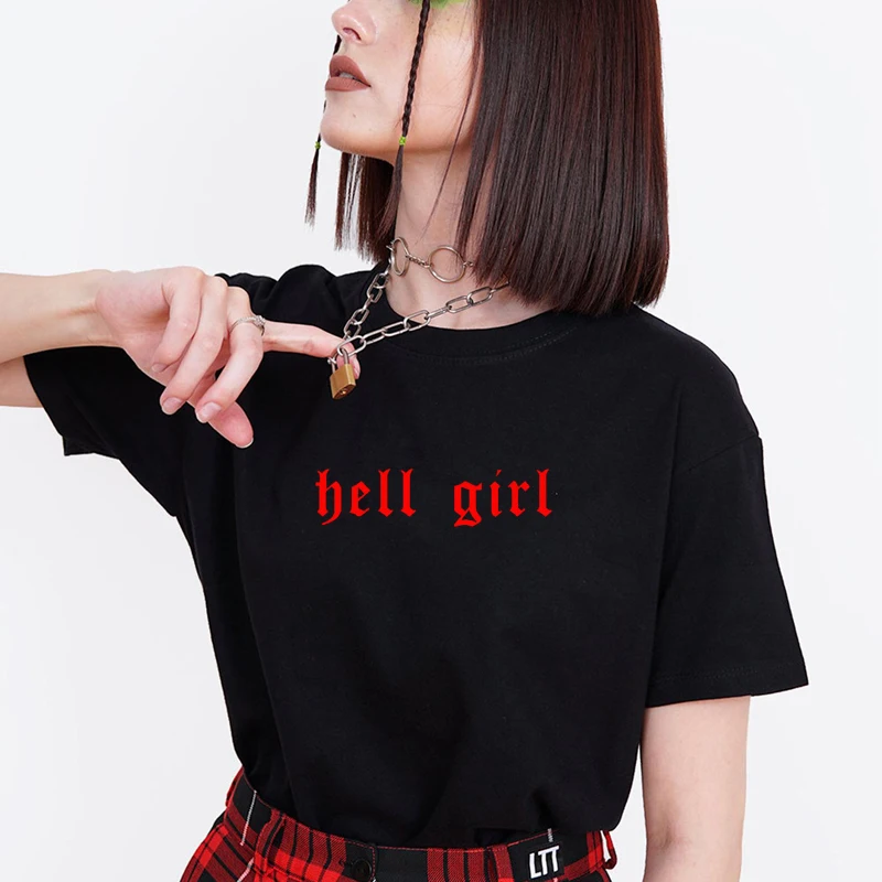 

Женская хлопковая футболка с надписью Hell Girl, черная футболка в готическом стиле, в стиле 90-х, в стиле гранж, 3XL, размера плюс