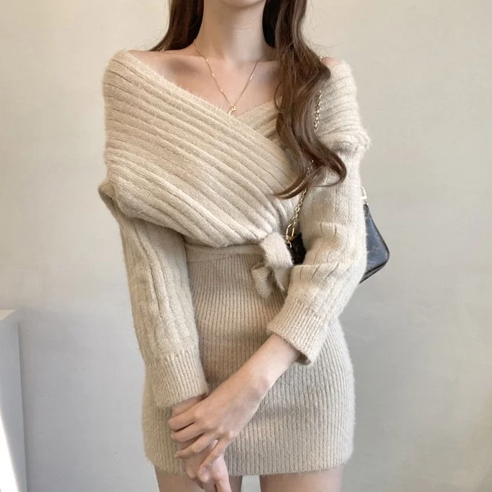 Korean Chic Autumn Cross V-neck Drop-Shoulder Long-Sleeve Lace-up Waist-Controlled Sweater Miniskirt Dress | Женская одежда
