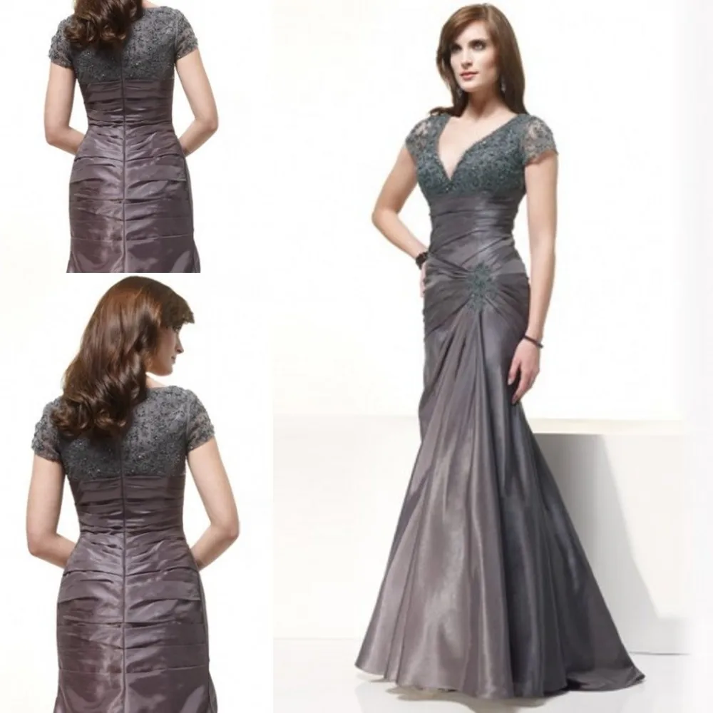 

2016 V-Neck Sexy Mermaid Floor-Length Taffeta Short Sleeve Mother of the Bride Dress Lace Beaded Long Mother Gowns ZM092