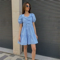 cotton a line women dress casual delicate square collar mini dress blue loose female short sleeve dress 2021 summer clothes